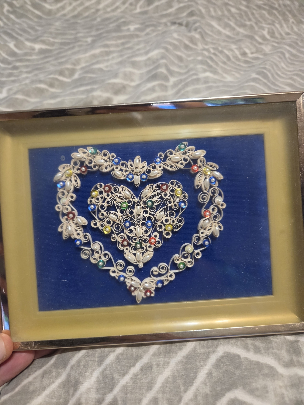 Vintage Handmade Paper Quilling & Sculpturing Framed Heart Art 8x6"